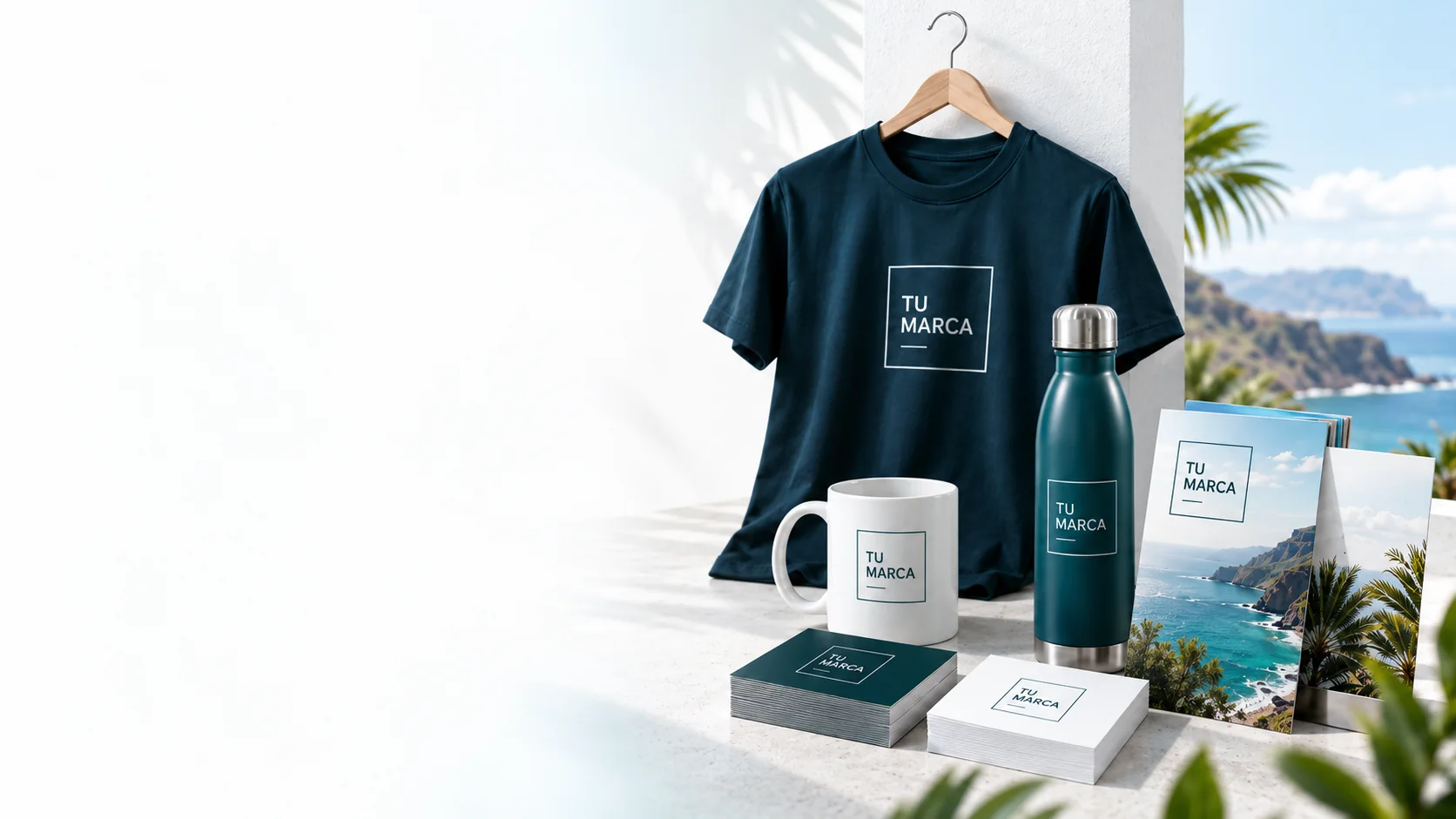 Camiseta, taza, botella y tarjetas de visita con tu marca, con el mar de Gran Canaria al fondo