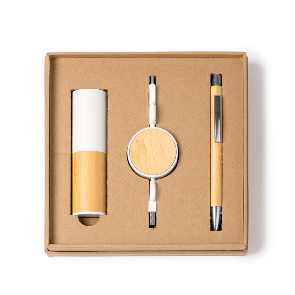 Geschenkset mit Powerbank, ausziehbarem Ladekabel und Kugelschreiber — Fargon